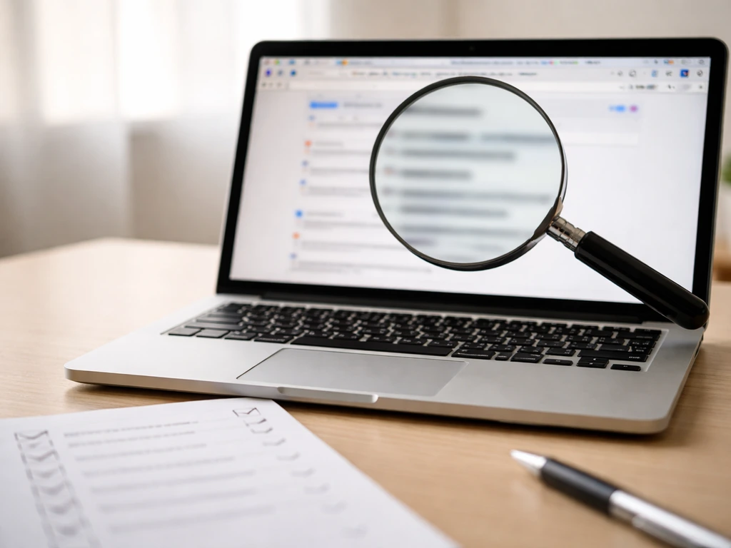 Minimal desk scene with laptop search tabs, a blank checklist, and a magnifying glass over blurred results.