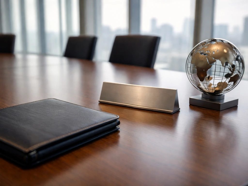 Minimal photo of a boardroom desk with an MSCI-style abstract globe sculpture, suggesting a finance executive.