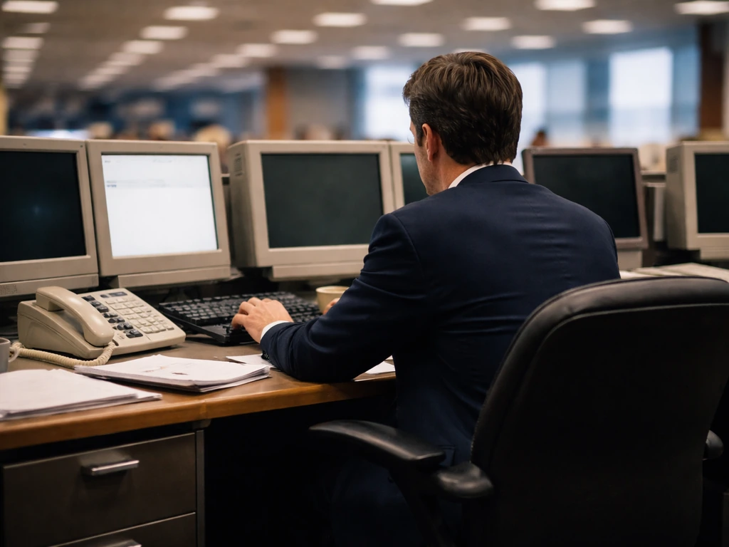 Anonymous executive in a period-appropriate Wall Street office desk scene with blank monitors, late-1990s feel.