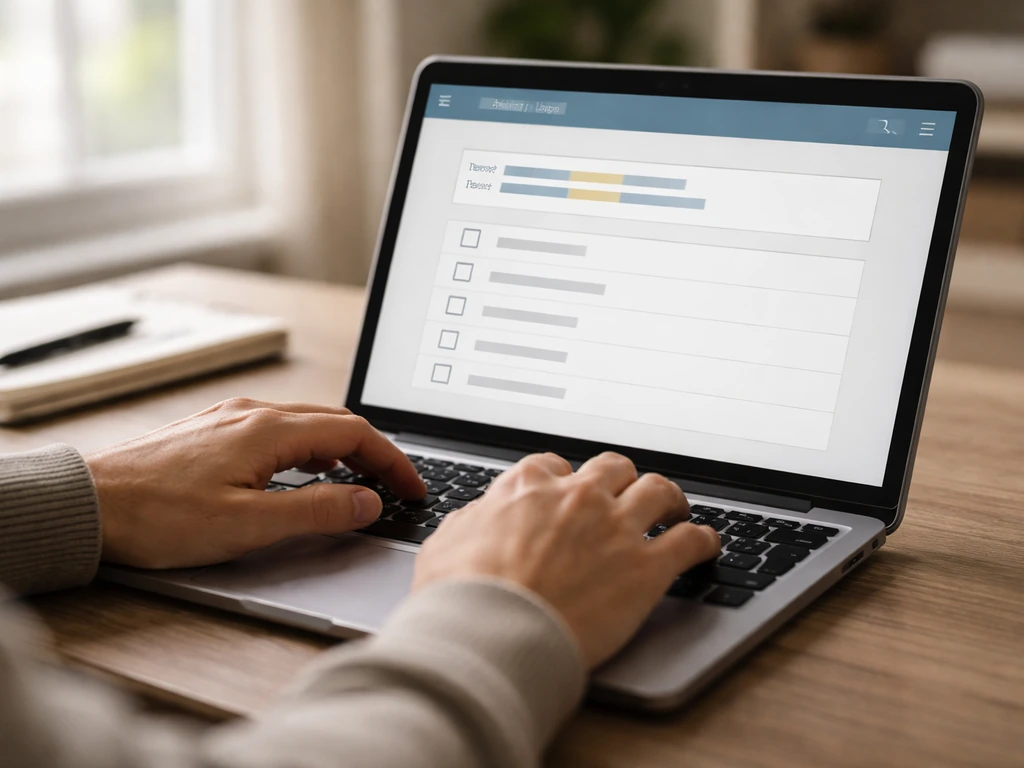Close-up of a laptop showing a generic SEC-style document search page and checklist for due diligence.