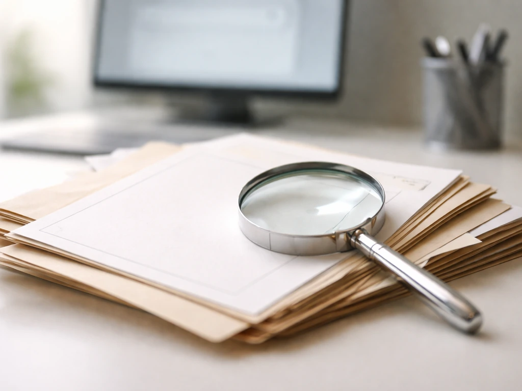 Magnifying glass over blank financial documents with subtle search and registry cues
