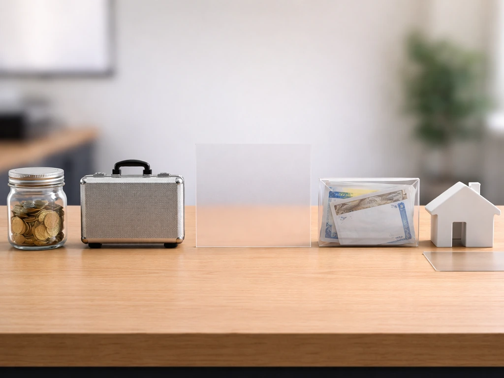 Minimal desk photo with four asset placeholder containers and a frosted divider suggesting limited public verification.