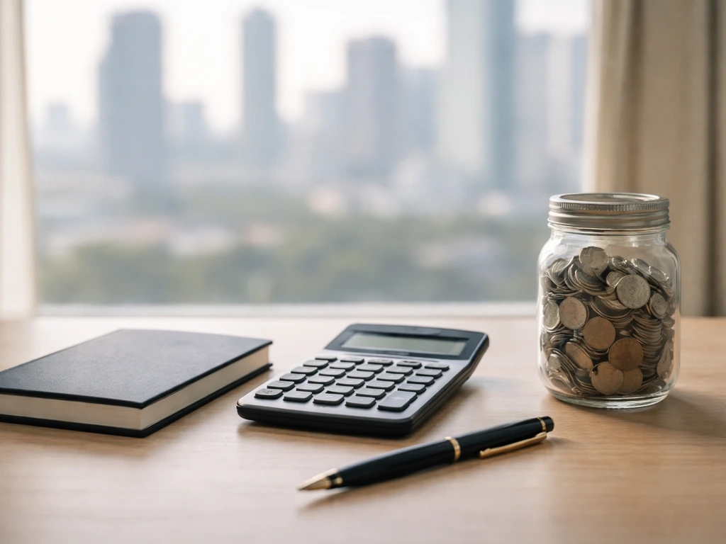 Minimal desk with calculator and coins jar by a window showing a blurred city skyline.