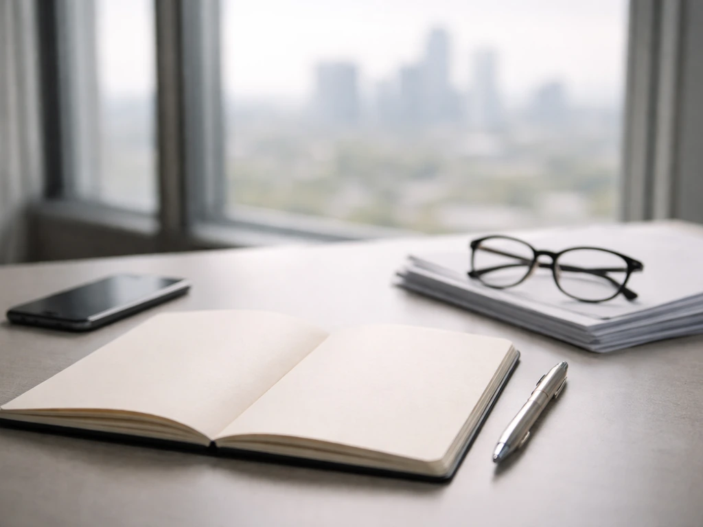 Minimal office desk with pen, open notebook, documents, and soft city daylight suggesting verified vs estimated info.