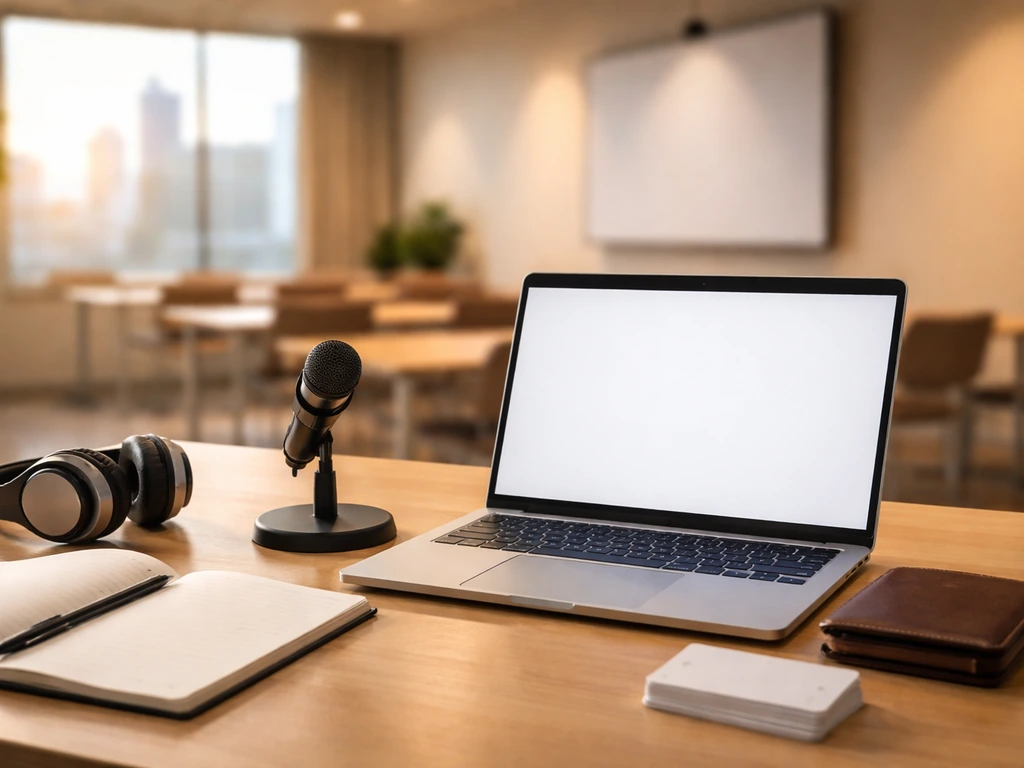Anonymous entrepreneur desk with microphone and laptop, symbolizing marketing training and wealth analysis.