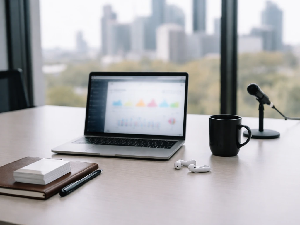 Minimal office scene with laptop, microphone stand, and business props symbolizing marketing training and MiniMBA.