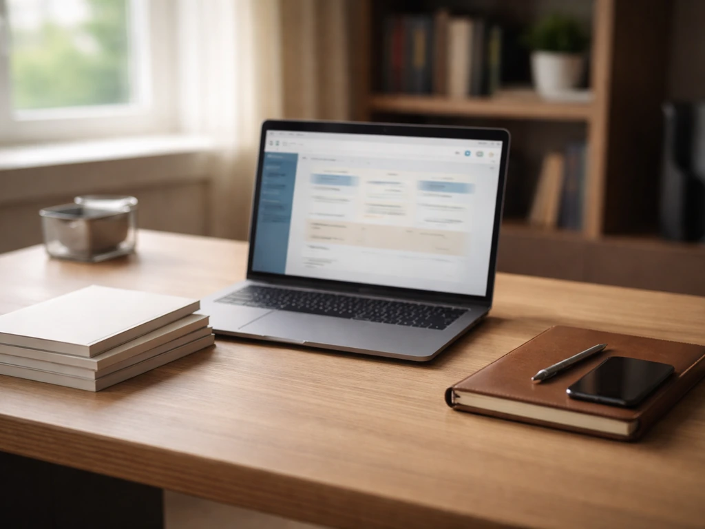 Minimal executive desk with laptop course portal, training materials, and notebook under natural light.