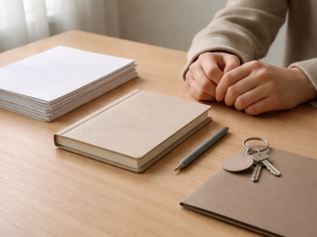 Minimal desk scene with a notebook, pen, and a small stack of documents suggesting financial milestones