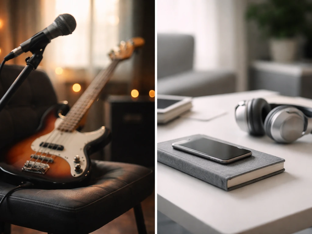 Split photo: blurred music studio bass on one side, blurred work desk with headphones on the other to suggest identity c