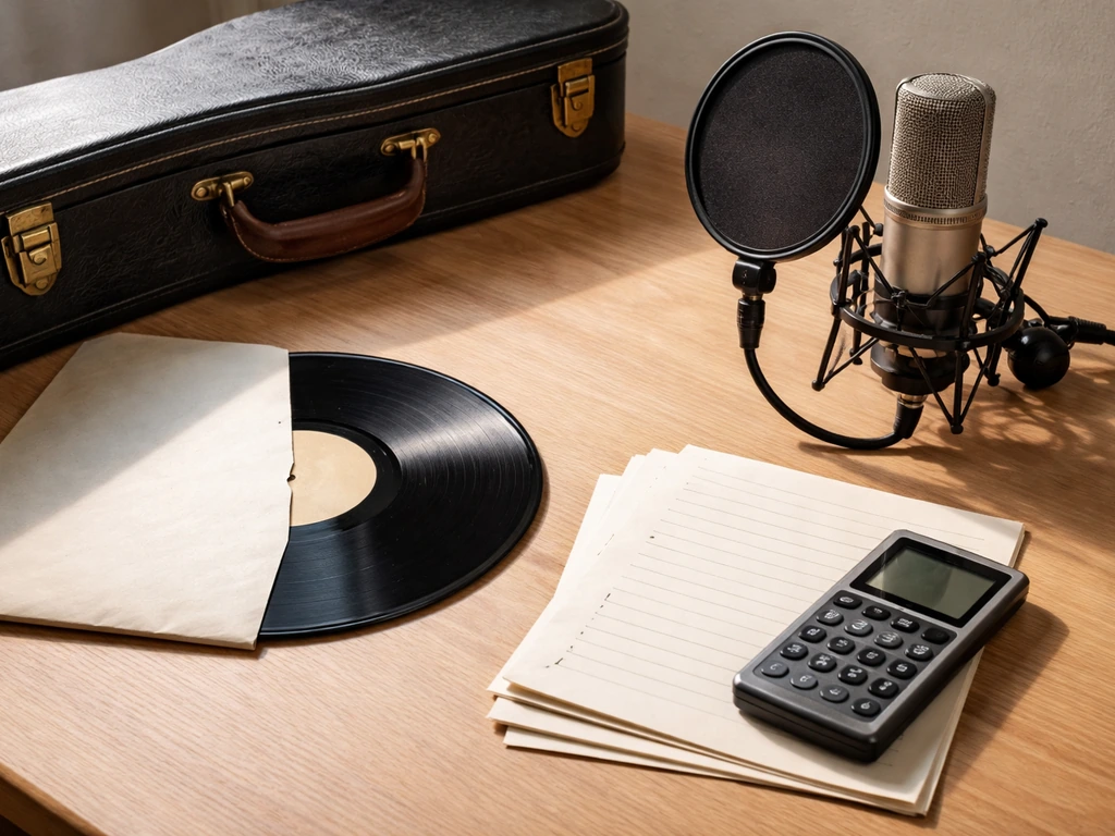 Minimal photo collage of musician income streams: guitar case, studio mic, album vinyl, and rehearsal notes