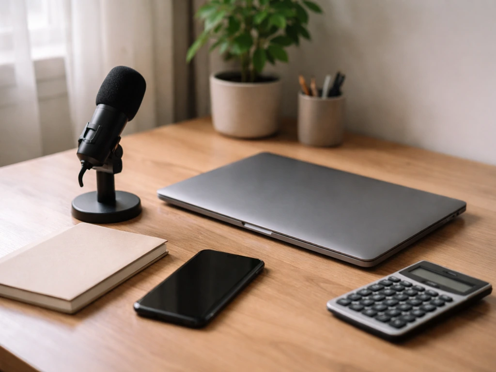 Minimal desk scene with laptop and microphone, suggesting media and analytics influencing money estimates