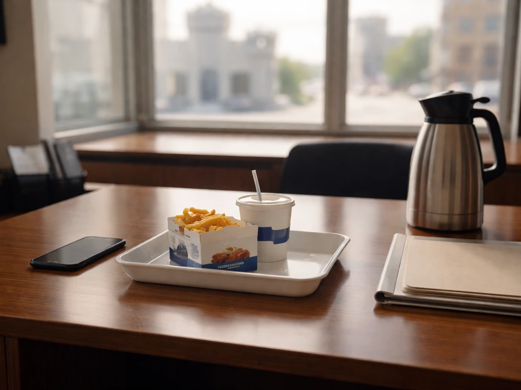 Minimal office desk with White Castle-style tray and city window light, symbolizing executive wealth analysis.