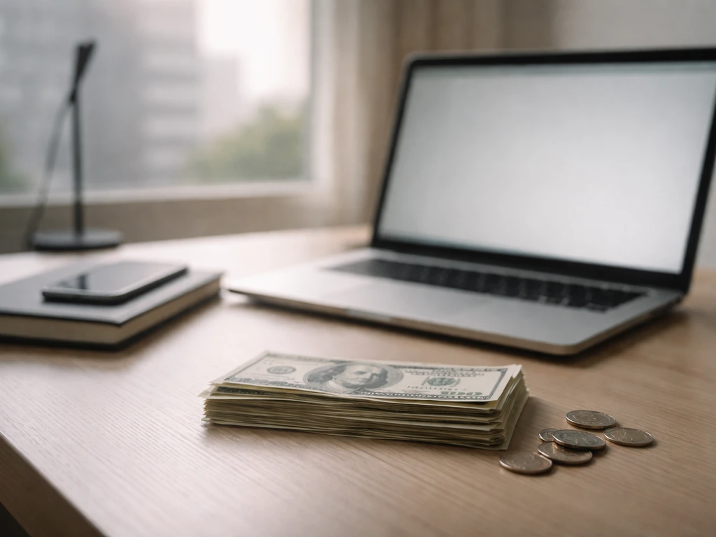 Minimal office desk scene with laptop, smartphone, and money suggesting a repeated net worth estimate.