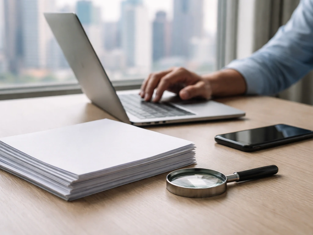 Hand reviews blank business documents and filings with a magnifying glass at a desk.