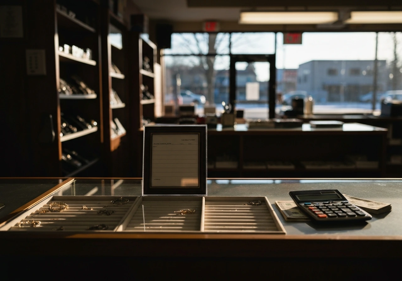 Moody pawn shop counter in Minnesota with cash, calculator, and jewelry displays, implying business valuation.