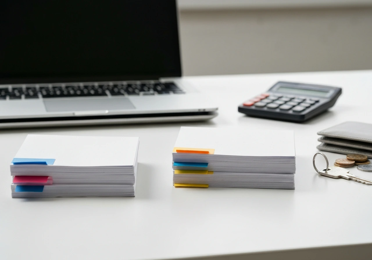 Minimal desk scene with blank folders and money-related items arranged to suggest assets vs liabilities.