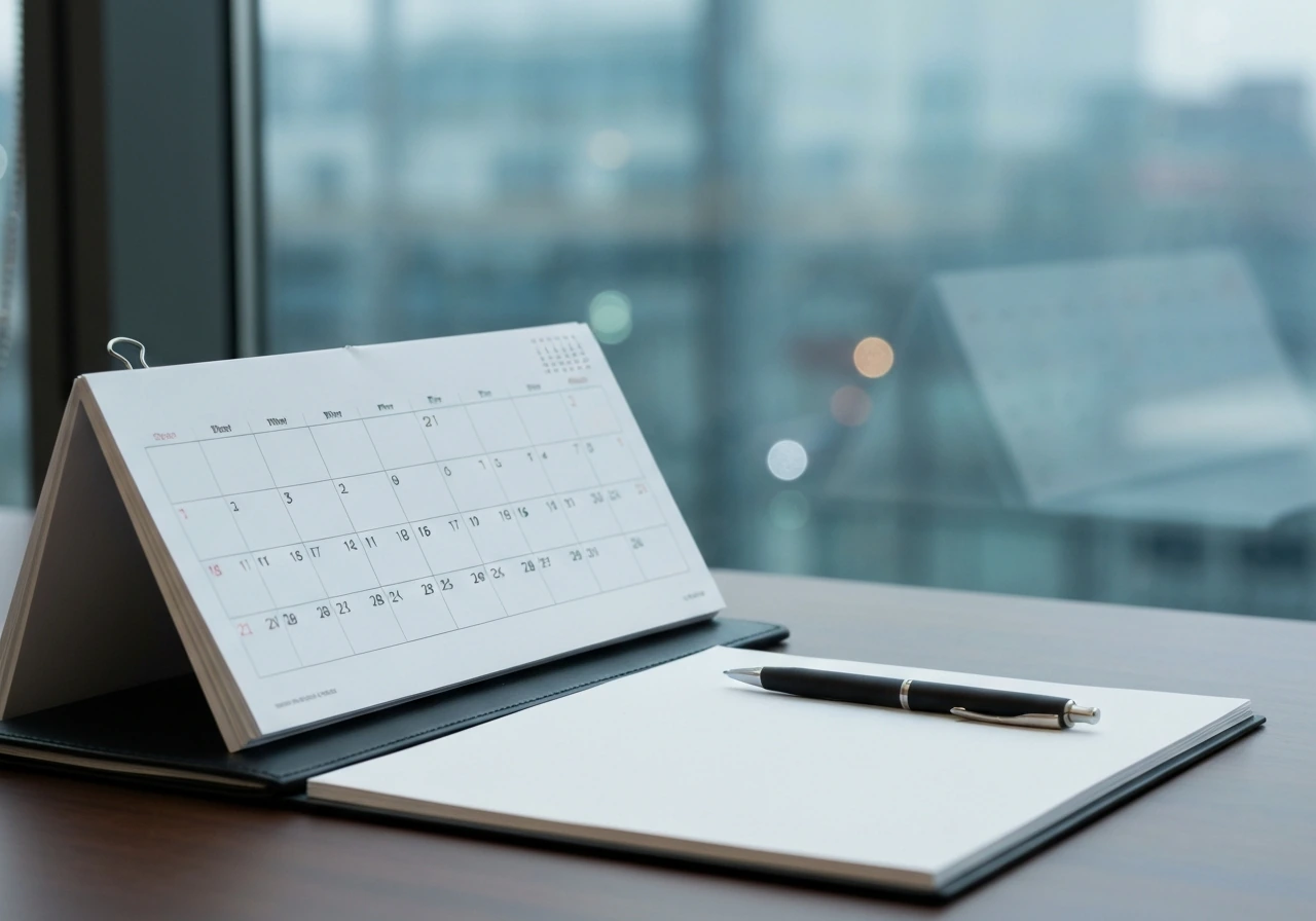 Minimal iPhone-style photo of a desk calendar beside stacked documents and a pen for ongoing monitoring items.
